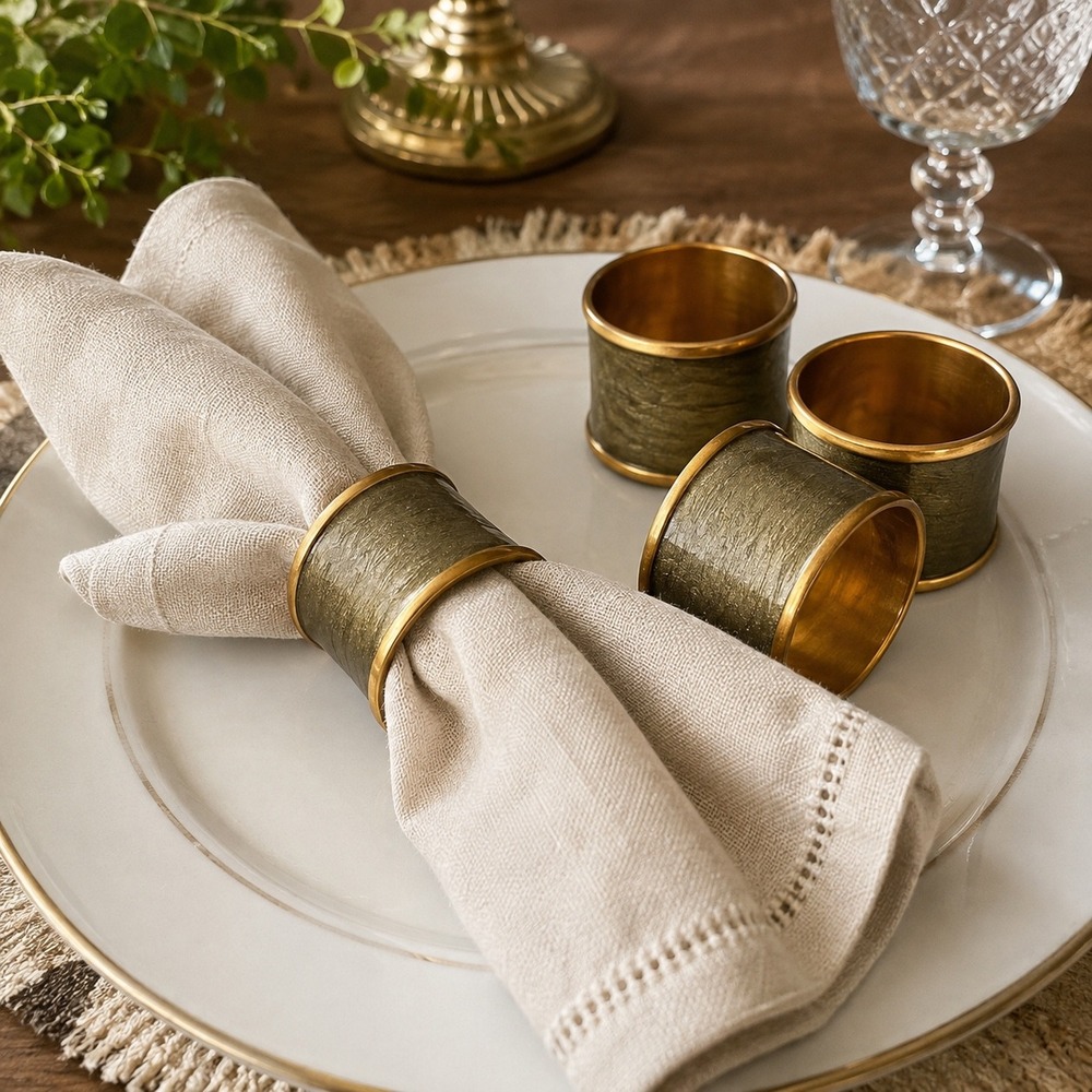 Napkin‎ Rings Olive Green Gold Brass Marbled Enamel Set of 4 Mid Century Style